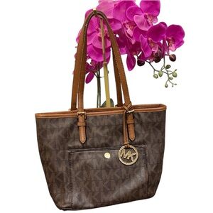 Michael Kors Dark Brown Tote Tan Accents MK gold purse bag designer handbag